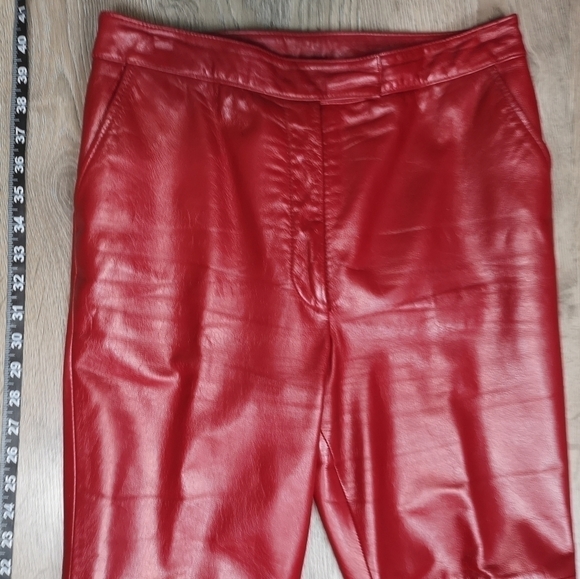 80s Vintage Chili RED High Waist Authentic Waxy Leather Straight Legged Pants - Picture 9 of 16
